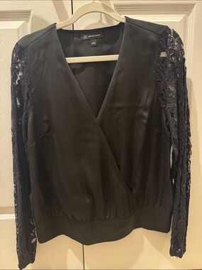 INC International Concepts Black Lace-Sleeve Wrap Blouse